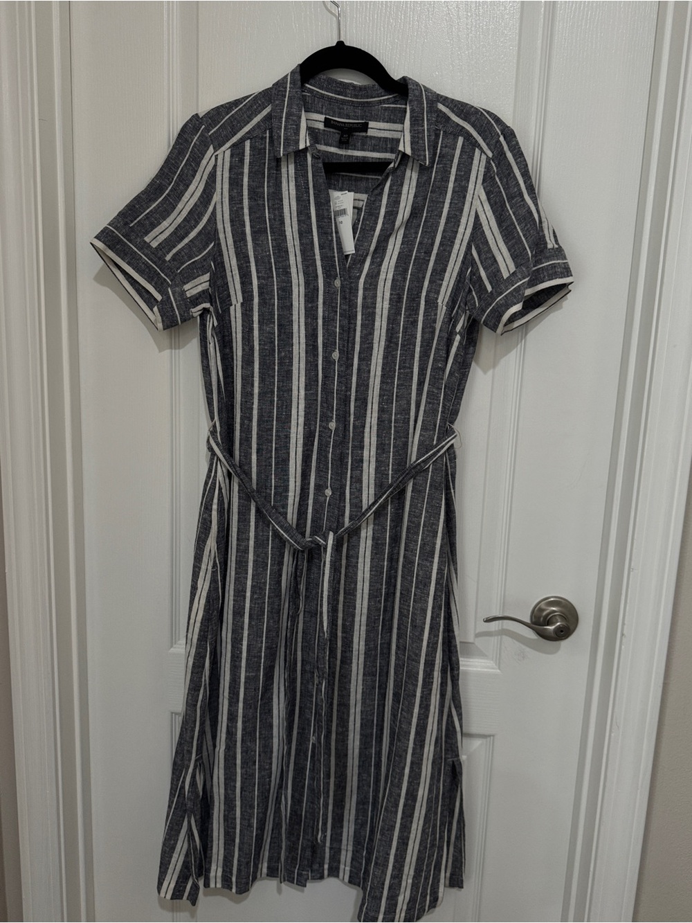 NWT Banana Republic Linen Navy and White Striped Midi Shirt Dress